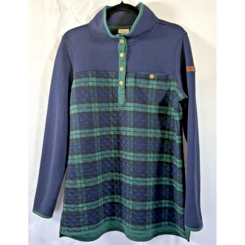 LL Bean quilted sweatshirt size L blackwash plaid pattern 1/4 snap pullover